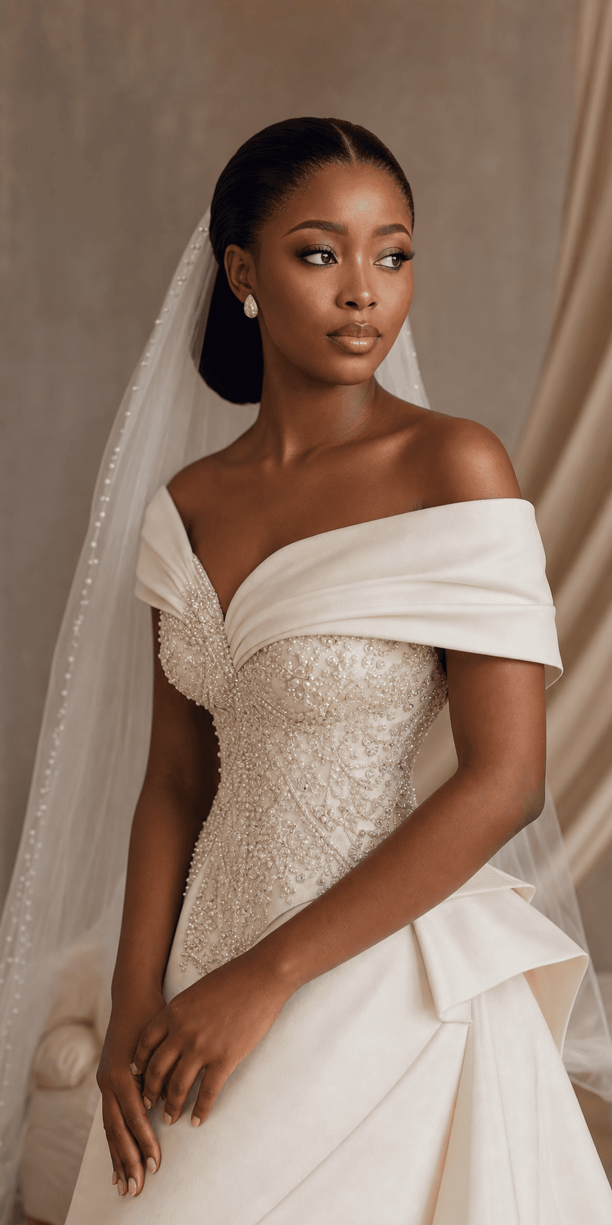 Close editorial view of an ivory Shessa bridal gown and veil